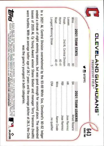 2022 Topps #643 Cleveland Guardians NM-MT Guardians ID:44228 - Trading Cards