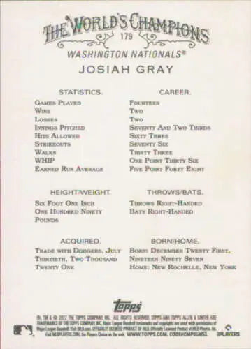 Josiah Gray baseball card from 2022 Topps Allen and Ginter NM-MT RC Rookie Nationals