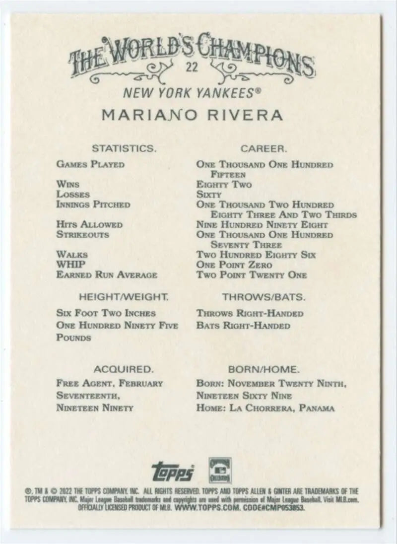 Mariano Rivera 2022 Topps Allen and Ginter New York Yankees Baseball Card statistics