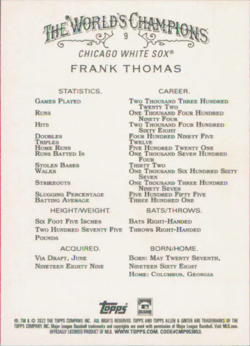 Frank Thomas career stats baseball card featuring Chicago White Sox player