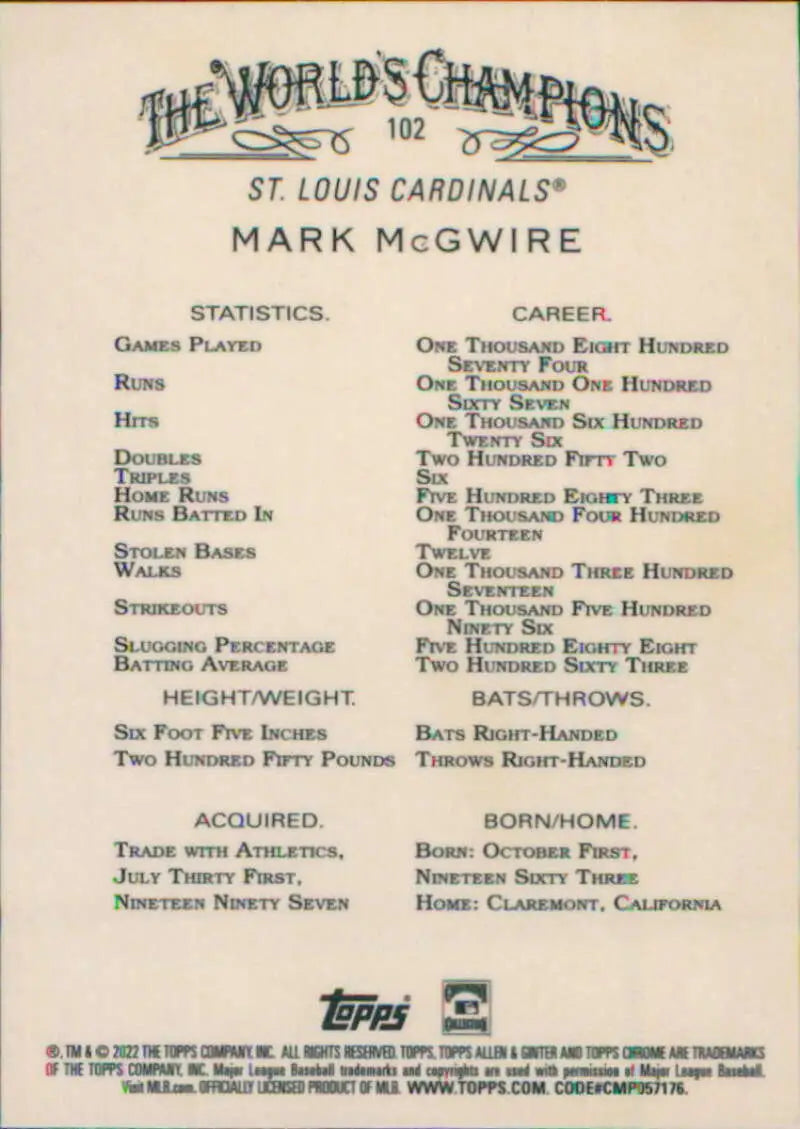 Baseball card displaying Mark McGwire stats from 2022 Topps Allen and Ginter Chrome