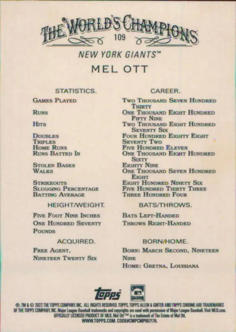 Mel Ott New York Giants Baseball Card with Topps Allen and Ginter statistics and info