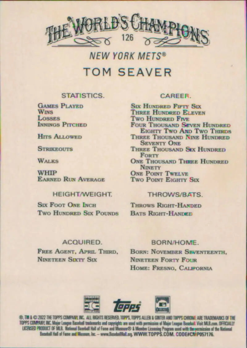 Tom Seaver Baseball Card showcasing New York Mets legend’s stats and career highlights