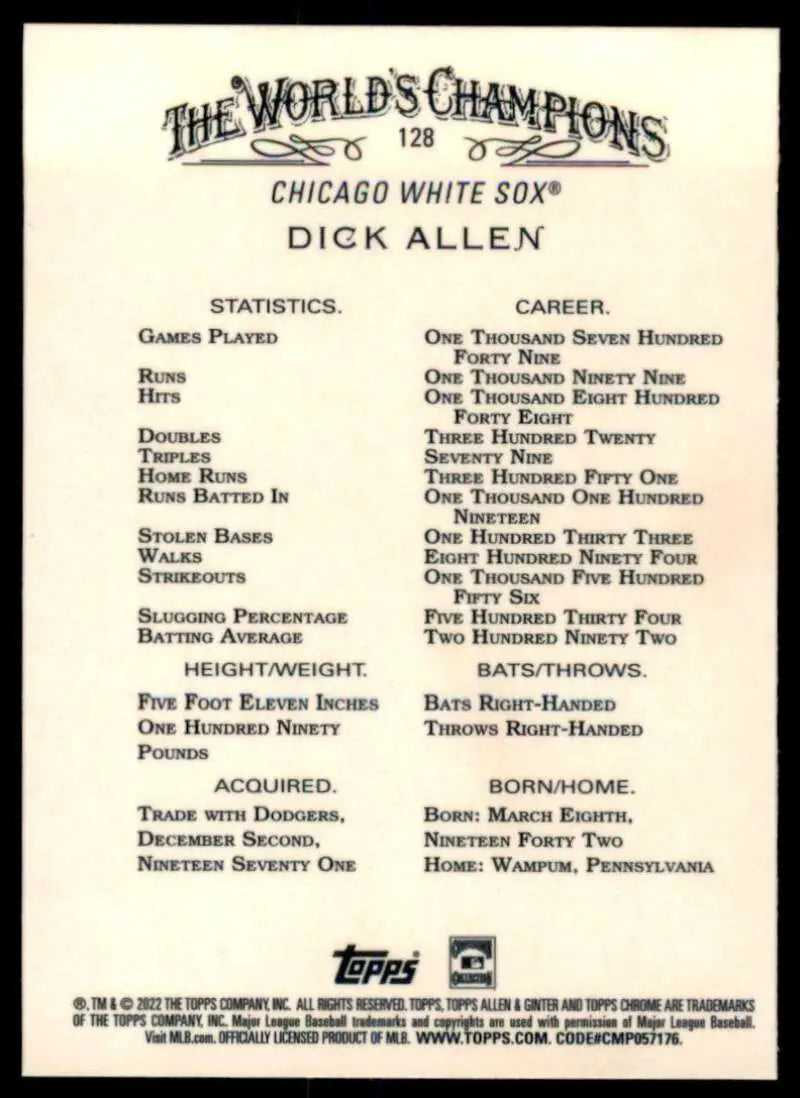 Baseball card featuring Dick Allen stats with Chicago White Sox from Topps Allen