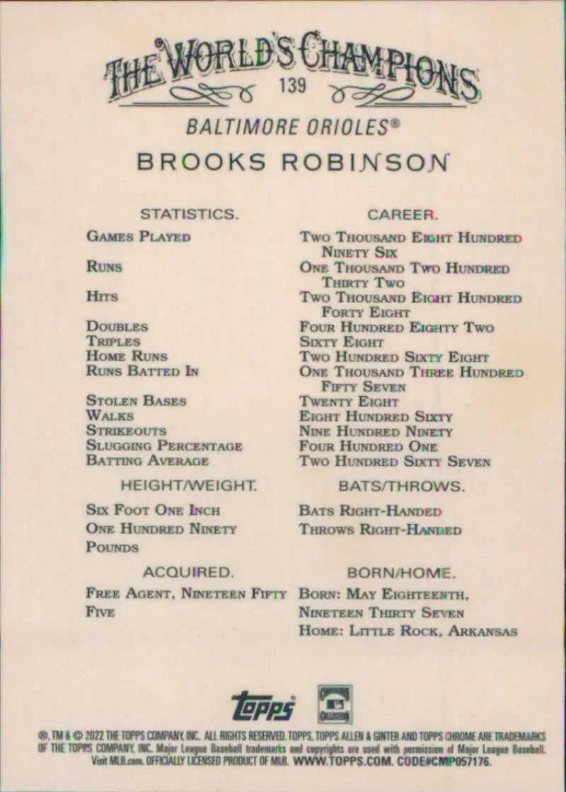 Baseball card featuring Brooks Robinson career stats from Topps Allen and Ginter Chrome