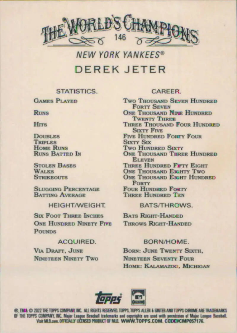 Derek Jeter Baseball Card featuring career statistics with New York Yankees