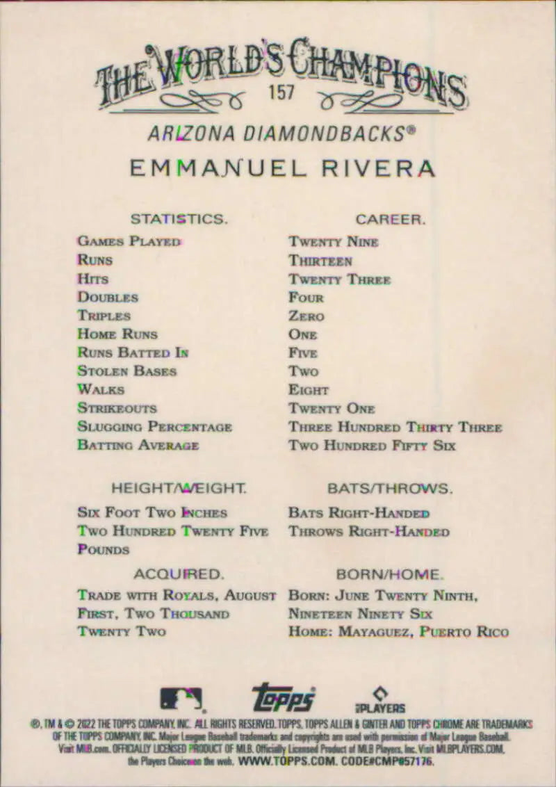 Emmanuel Rivera Arizona Diamondbacks baseball card showcasing player statistics