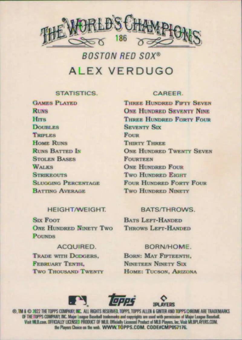 Alex Verdugo baseball card showcasing statistics for Boston Red Sox player