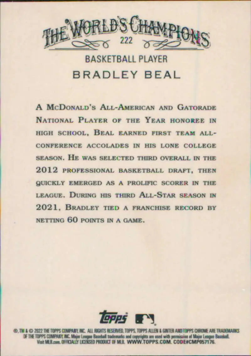 Bradley Beal Trading Card from Topps Allen and Ginter Chrome series with bio on back