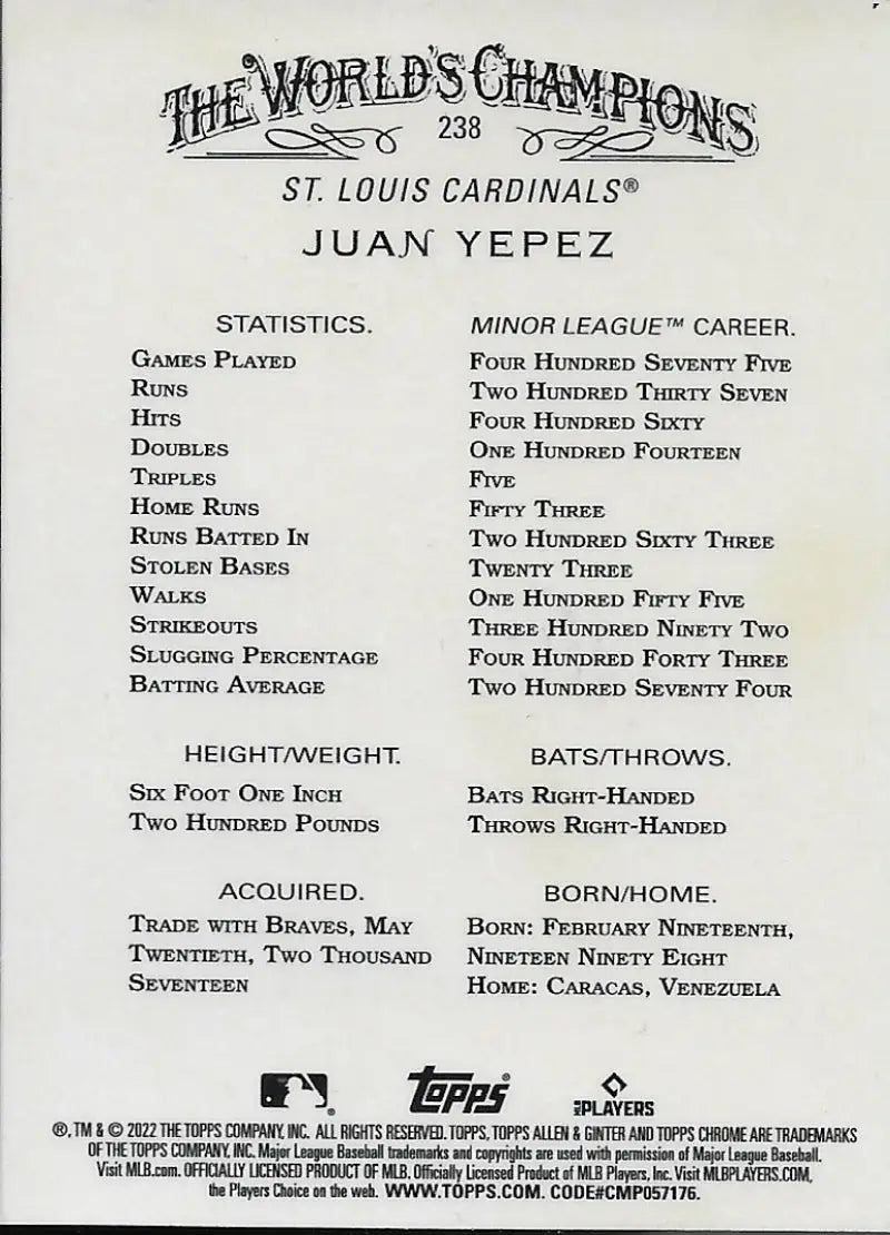 Baseball card featuring Juan Yepez stats from Topps Allen and Ginter for St. Louis Cardinals