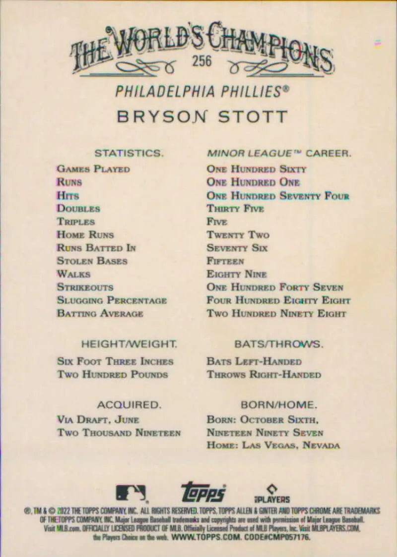 Baseball card featuring Bryson Stott from 2022 Topps Allen and Ginter Chrome collection