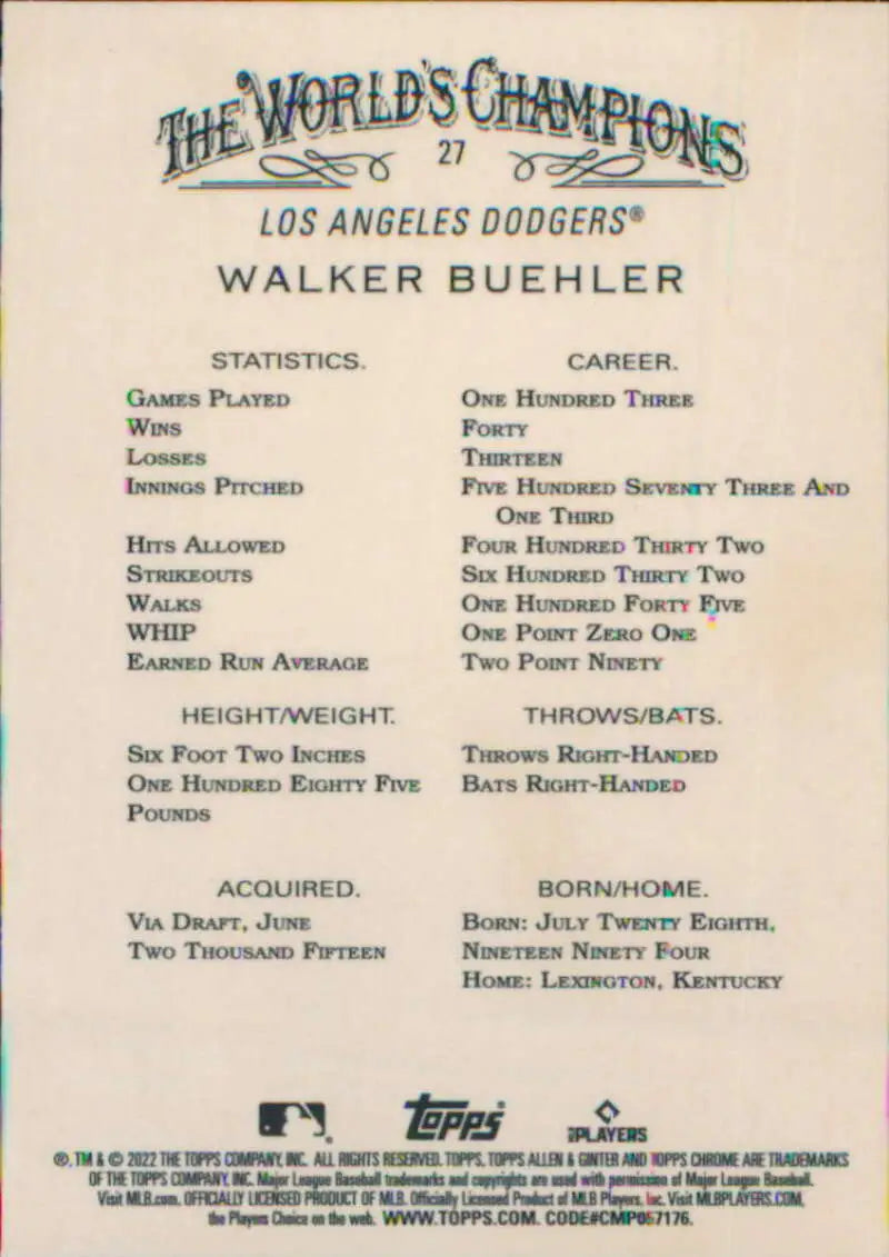 Walker Buehler 2022 Topps Allen and Ginter Chrome Los Angeles Dodgers baseball card