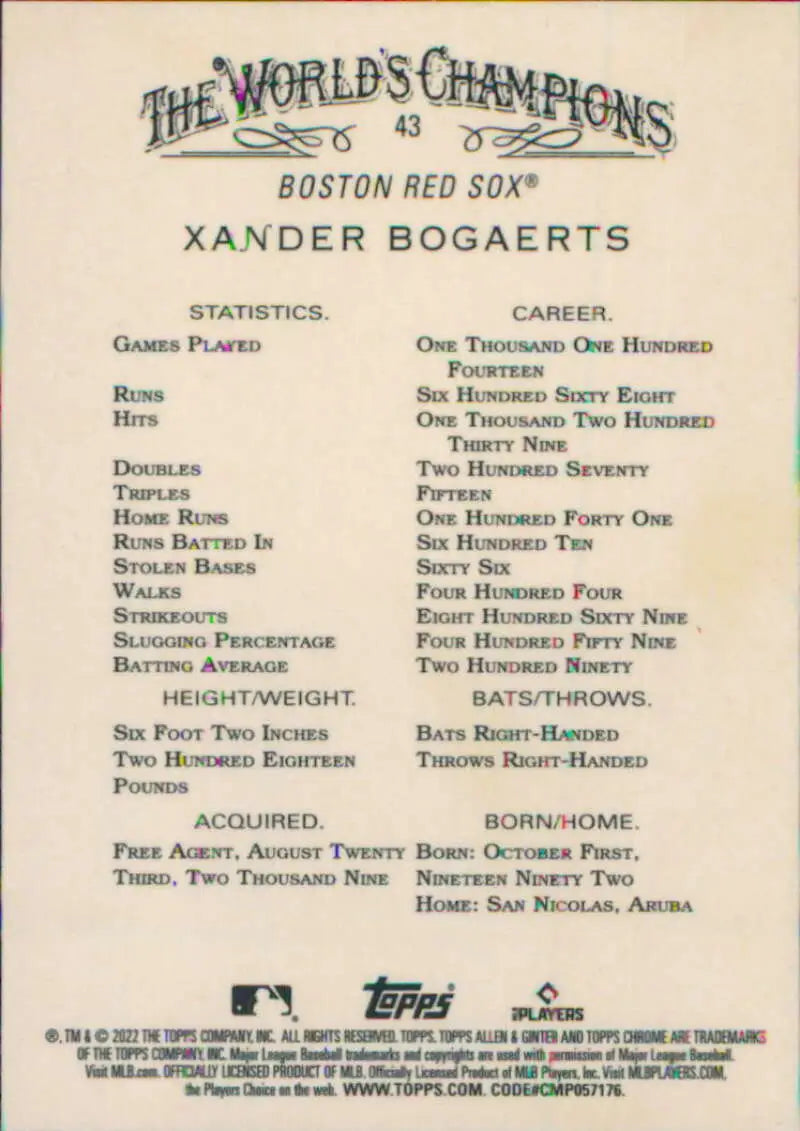 Baseball card featuring Xander Bogaerts statistics for Boston Red Sox World Champions