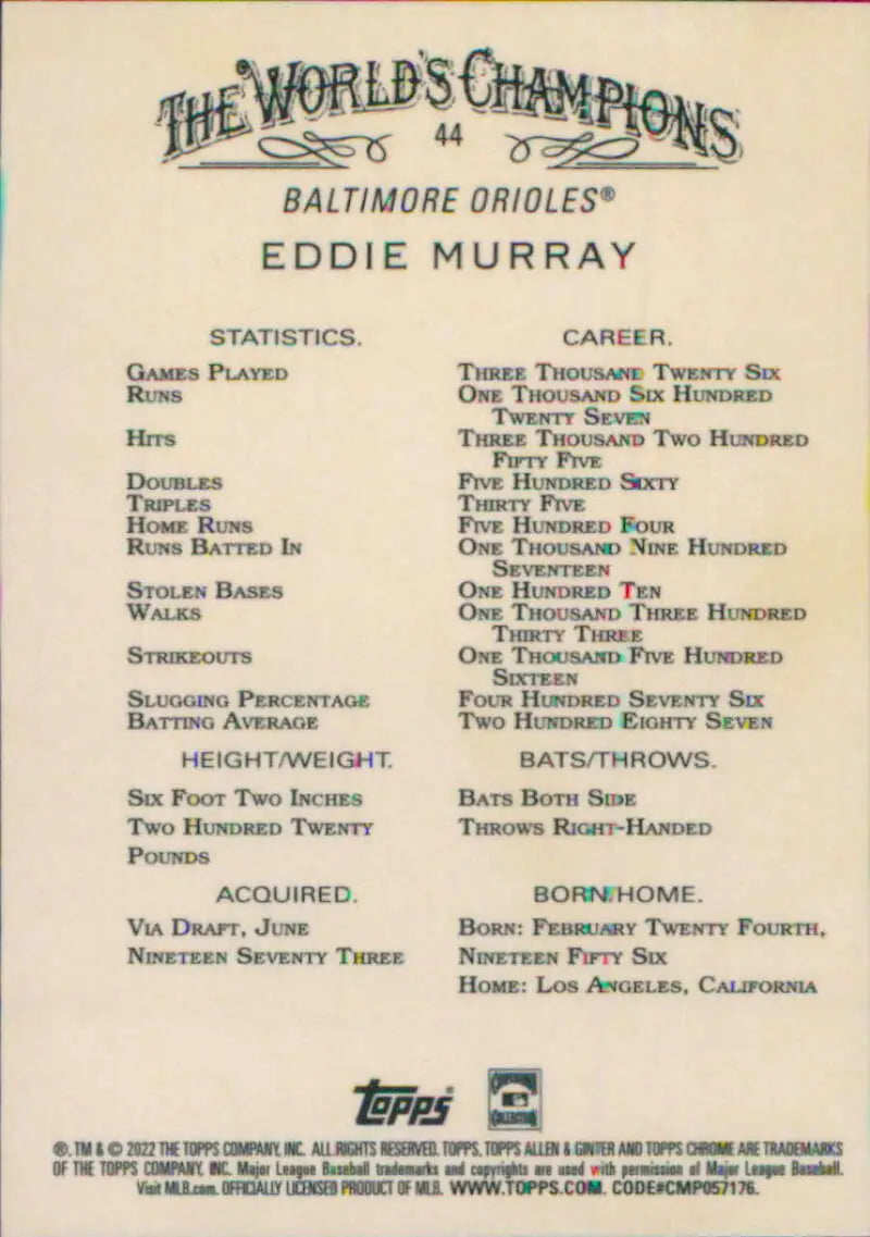 Eddie Murray Baltimore Orioles baseball card featuring career statistics from 2022 Topps Allen and Ginter Chrome