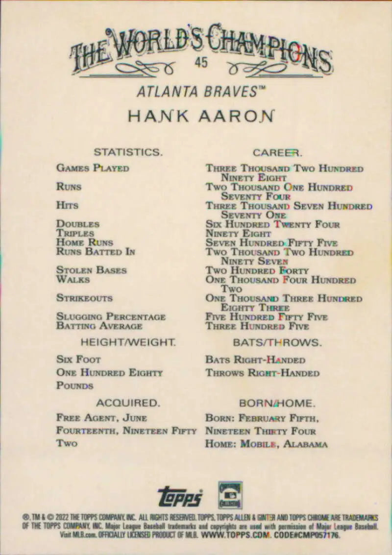 Back of 2022 Topps Allen and Ginter Chrome Hank Aaron Baseball Card with stats
