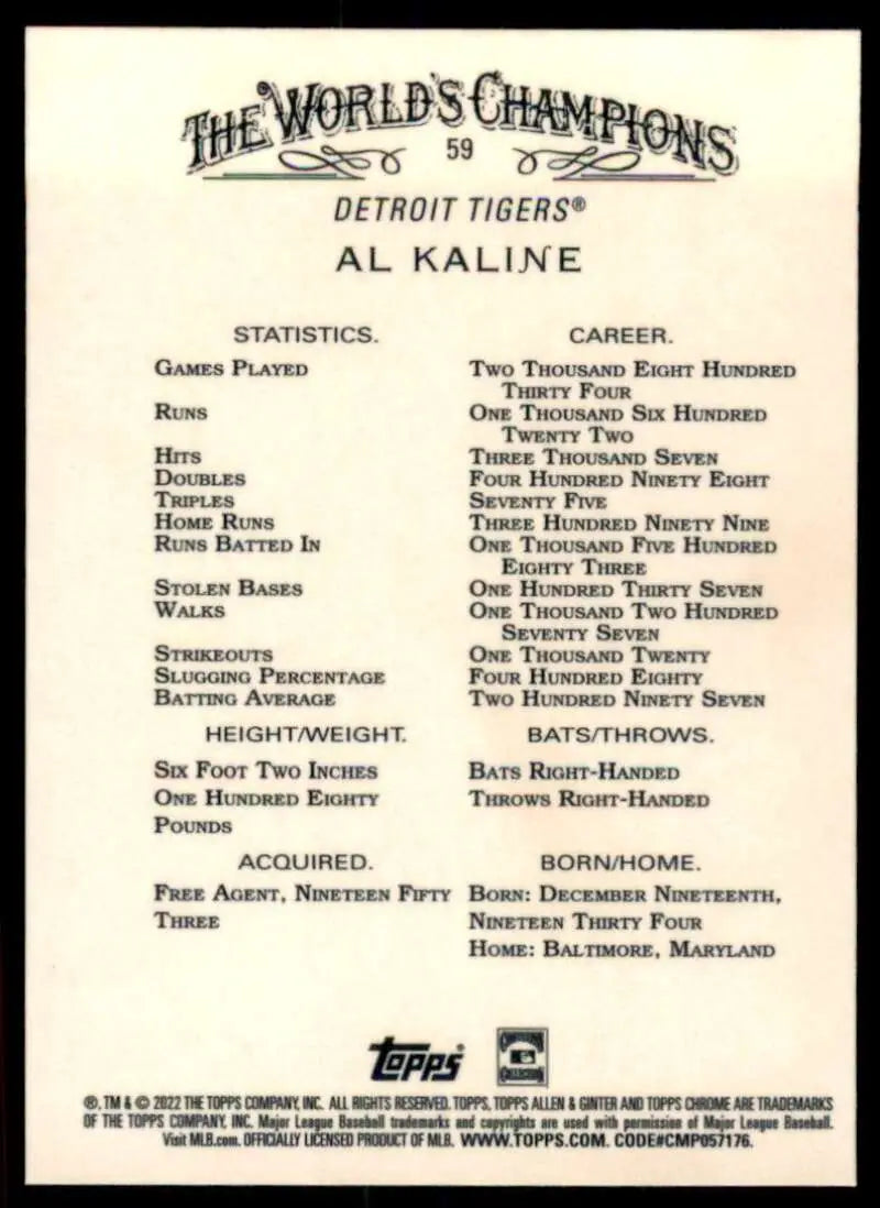 Baseball card featuring Al Kaline’s statistics with the Detroit Tigers from Topps Allen