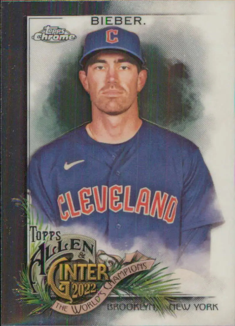 Baseball card of Shane Bieber in blue Cleveland Guardians jersey and cap