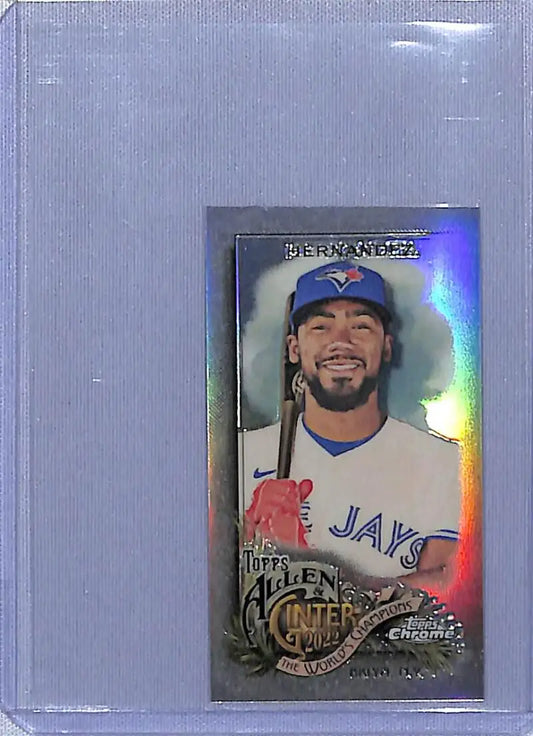 Holographic Toronto Blue Jays Teoscar Hernandez baseball card in protective sleeve