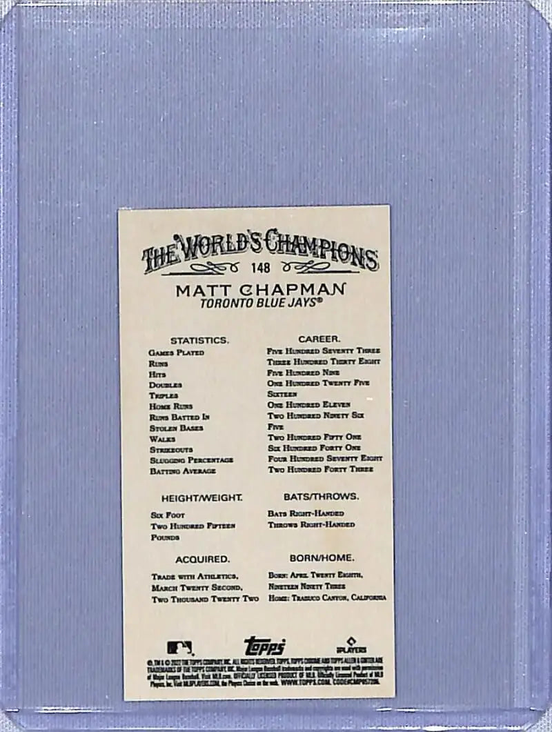 Back side of 2022 Topps Allen and Ginter Chrome Mini Refractor Matt Chapman card