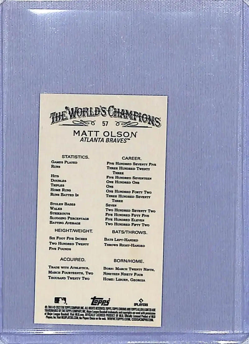 Back of 2022 Topps Allen and Ginter Chrome Mini Refractor Matt Olson Atlanta Braves card