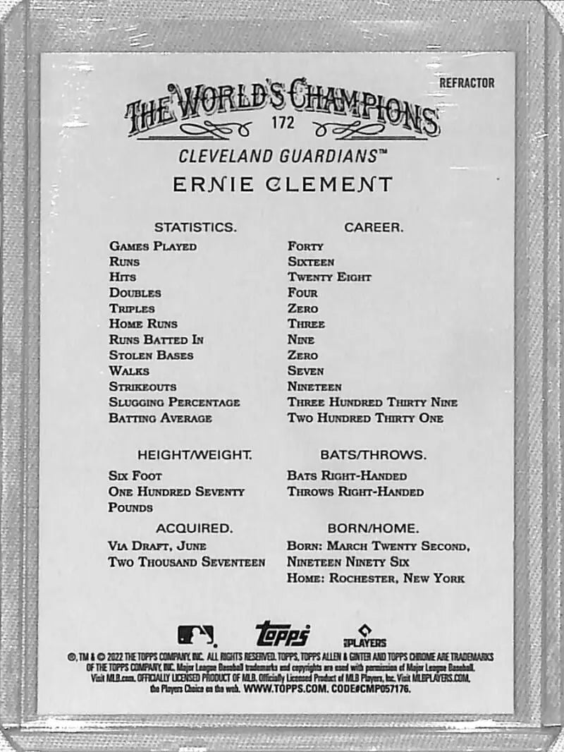 Ernie Clement Chrome Refractor baseball card featuring Cleveland Guardians statistics