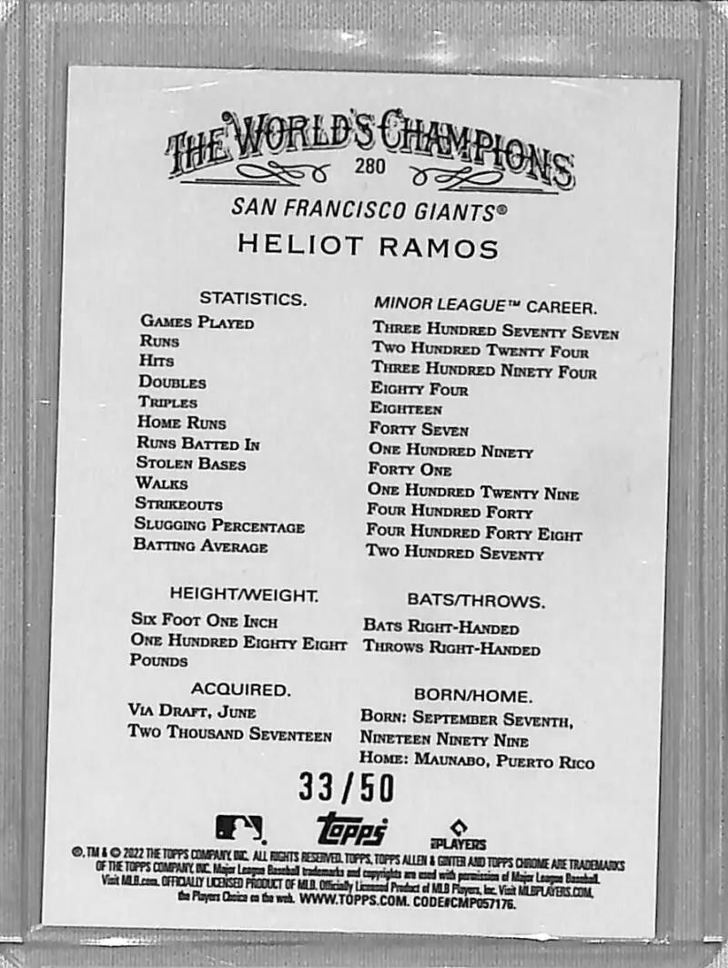 Heliot Ramos San Francisco Giants baseball card 2022 Topps Allen and Ginter Chrome refractor