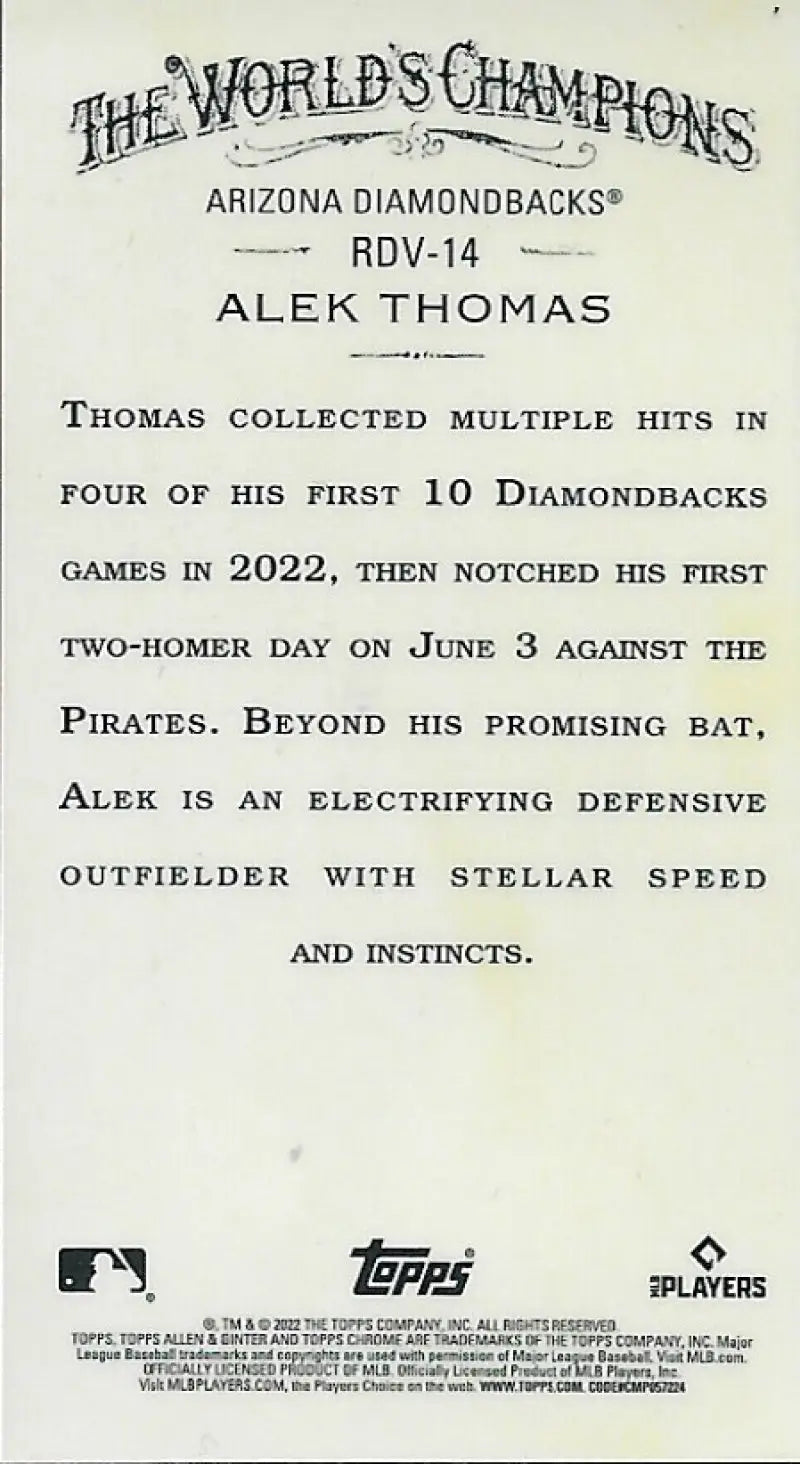 Alek Thomas 2022 season achievements on Ginter Chrome Rookie design variation baseball card