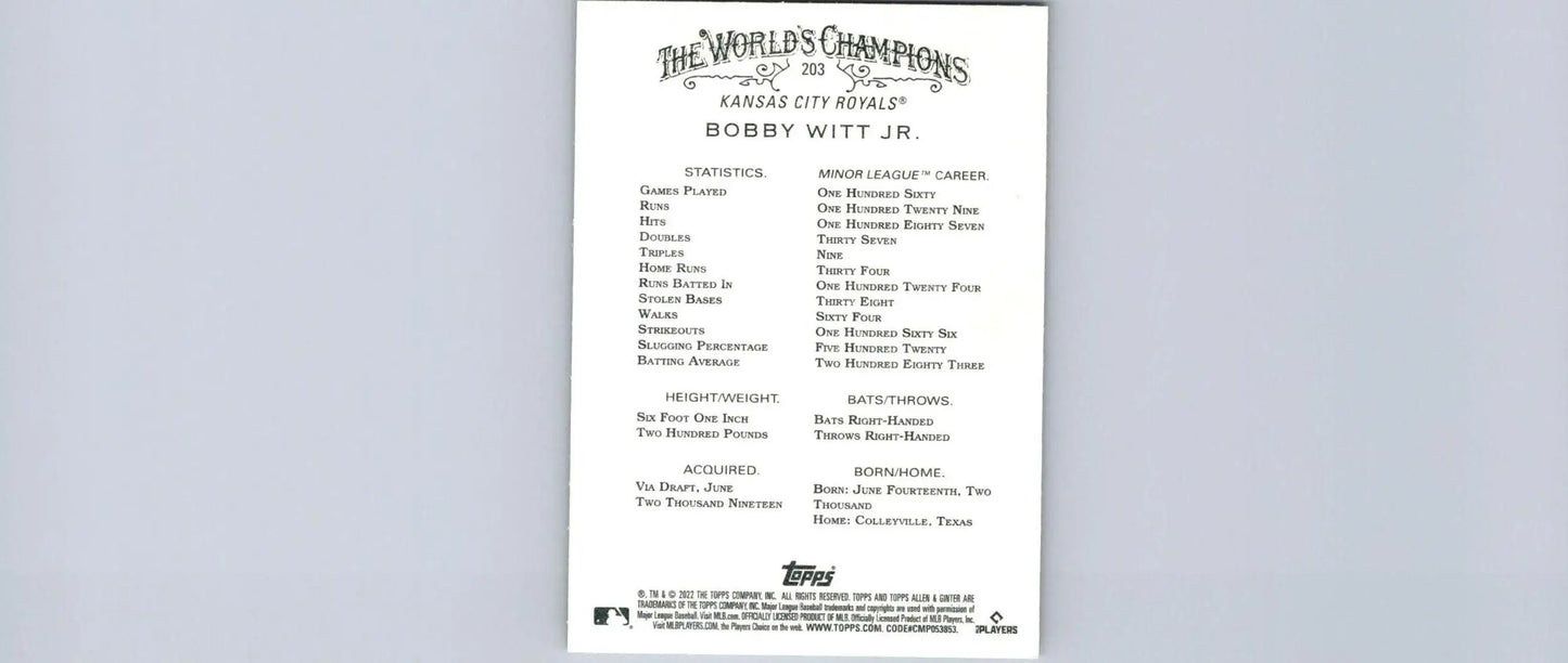 2022 Topps Allen & Ginter #203 Bobby Witt Jr. Baseball Card for trading card collectors