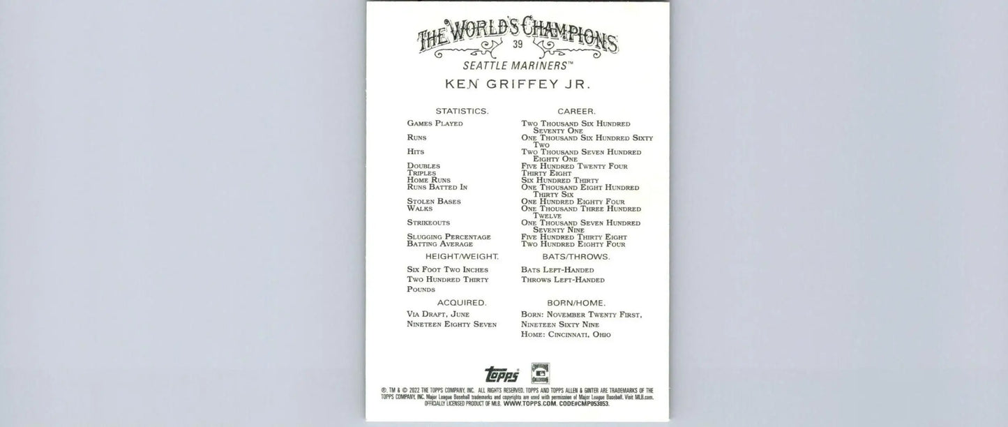 Ken Griffey Jr. baseball card from 2022 Topps Allen & Ginter trading cards collection