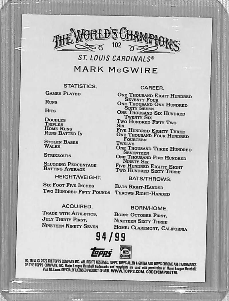 Mark McGwire Green Refractor baseball card with stats numbered 94/99 from Topps Allen & Ginter