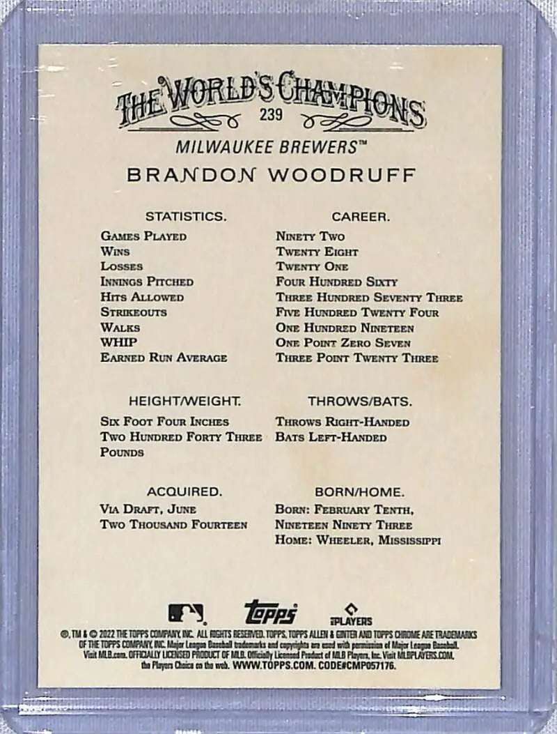 Brandon Woodruff baseball card featuring statistics from 2022 Topps Allen & Ginter Chrome