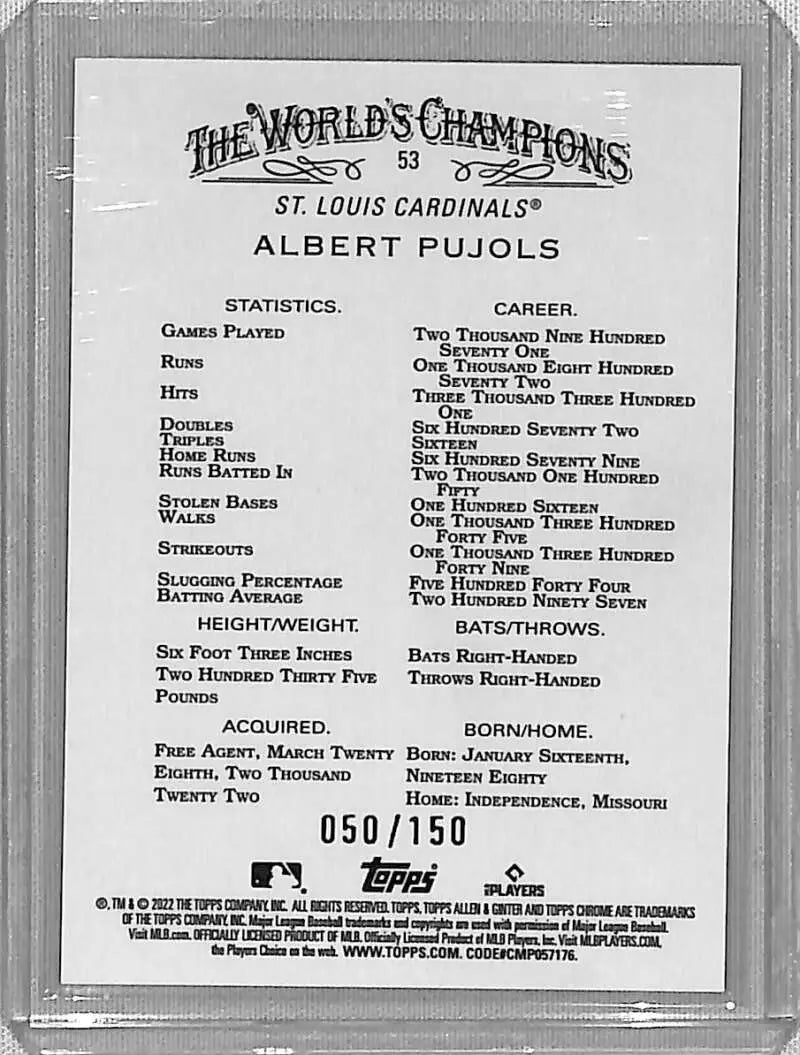 Albert Pujols baseball card featuring a blue refractor from 2022 Topps Allen & Ginter Chrome