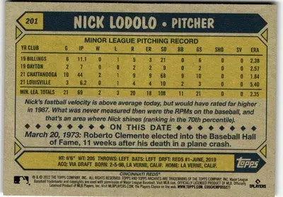 Baseball card back of 2022 Topps Archives Nick Lodolo featuring player stats