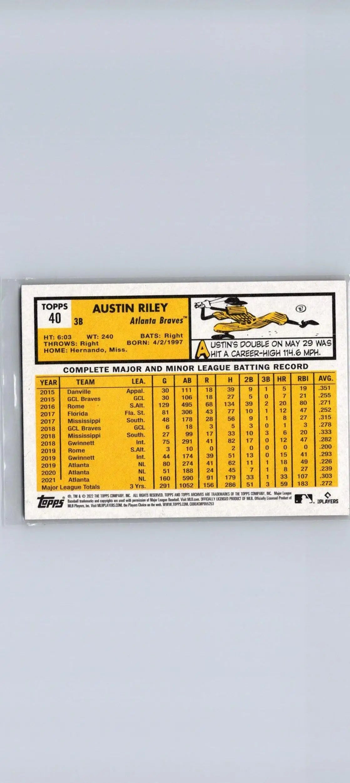 Baseball card featuring Austin Riley stats from 2022 Topps Archives trading cards