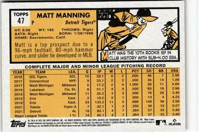 2022 Topps Archives Matt Manning baseball card featuring Matt Manning player