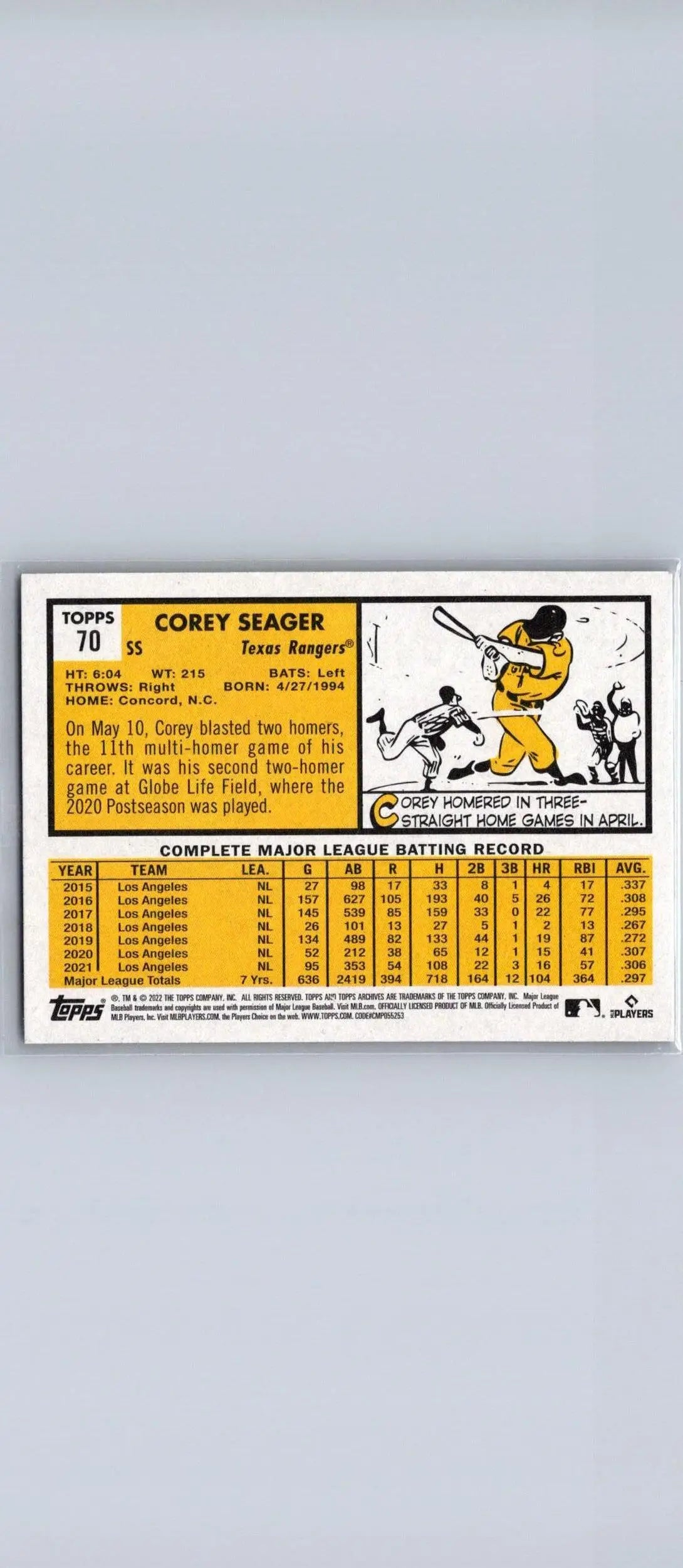 Back of 2022 Topps Archives #70 Corey Seager trading card showcasing stats and info
