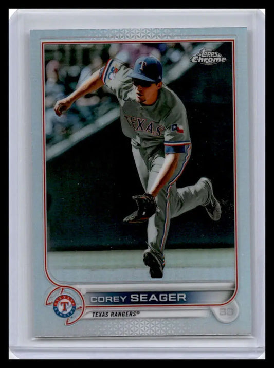 Baseball card of Corey Seager pitching for the Texas Rangers in mid-delivery motion