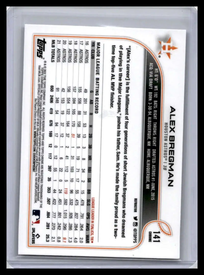 Back of 2022 Topps Chrome #141 Alex Bregman Baseball Card with Houston Astros stats