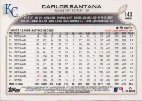 2022 Topps Chrome #143 Carlos Santana NM-MT Royals ID:51623 - Trading Cards