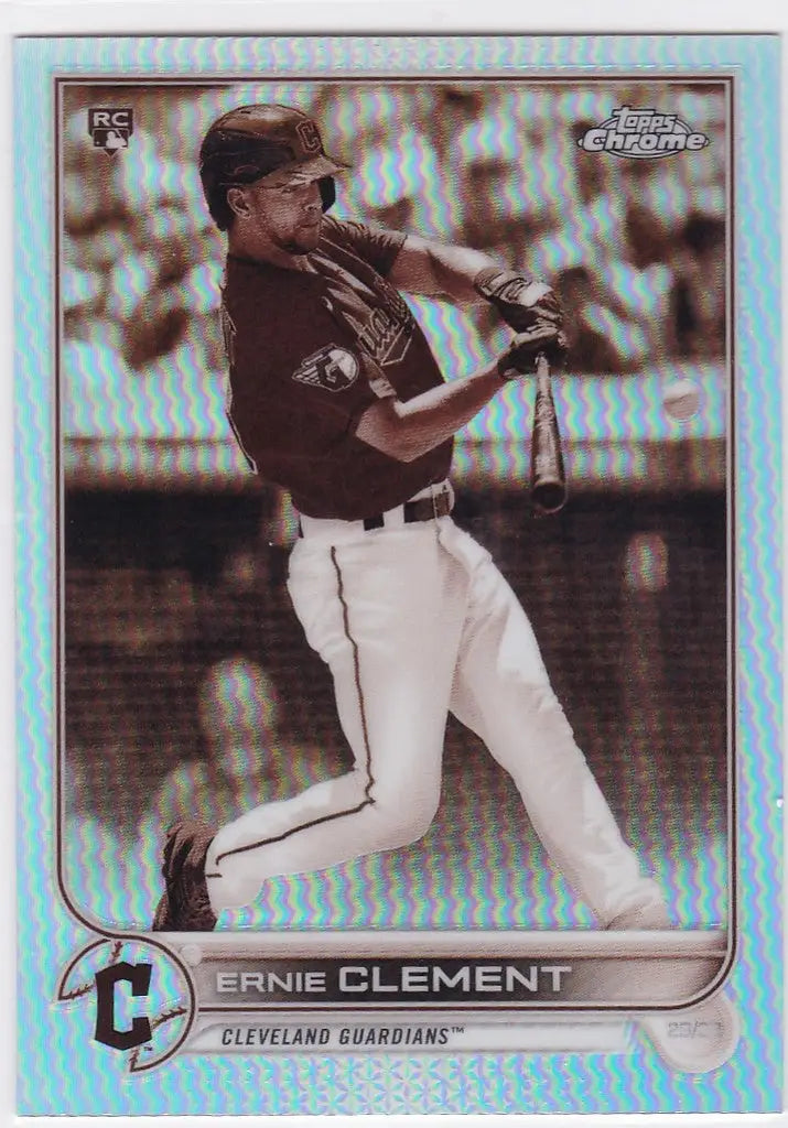 Baseball card of Ernie Clement mid-swing, showcasing Sepia Refractor Cleveland design