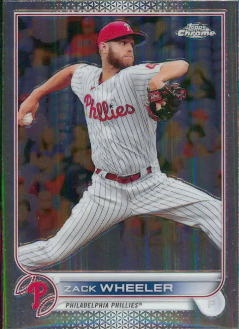 Chrome-finish 2022 Topps baseball card of Zack Wheeler, Philadelphia Phillies pitcher