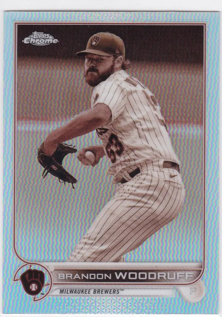 Brandon Woodruff Sepia Refractor showcasing Milwaukee Brewers pitcher mid-throw action