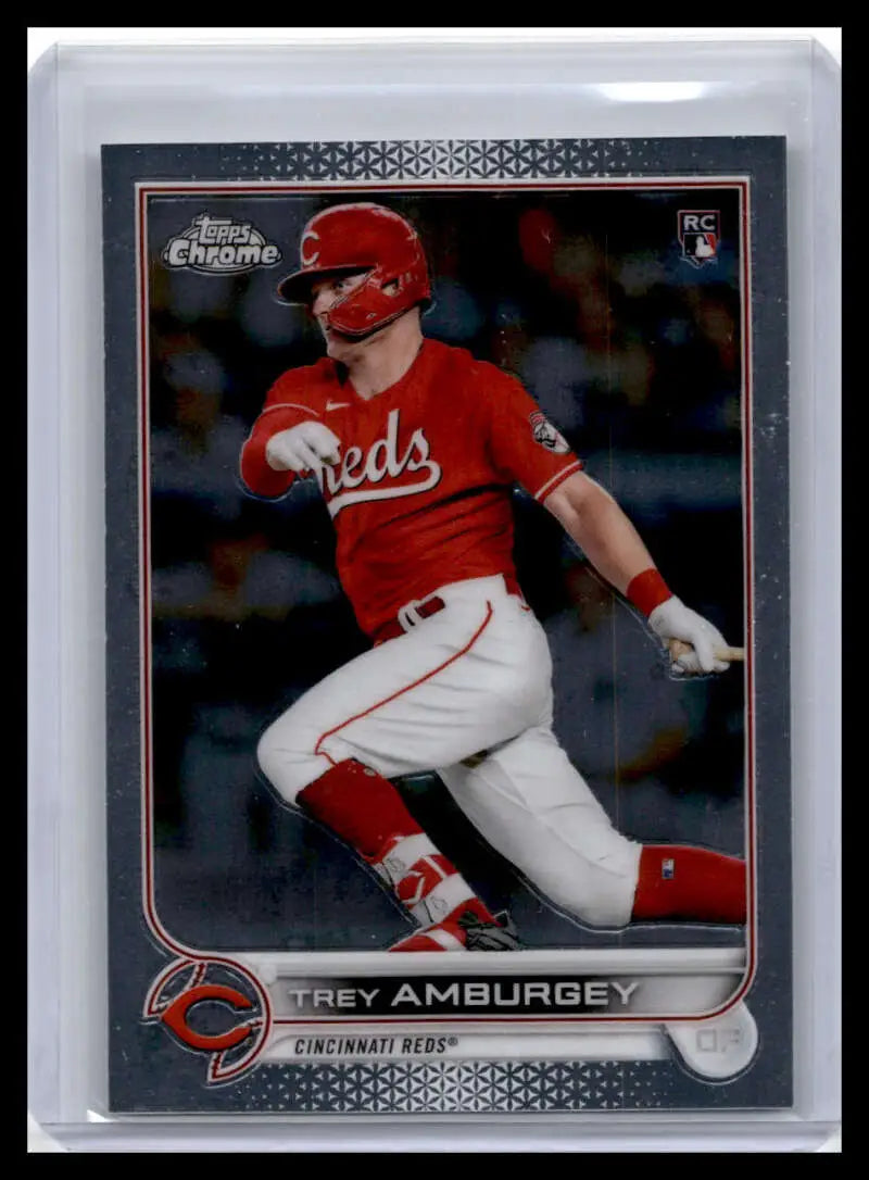 Baseball card of Trey Amburgey swinging for the Cincinnati Reds in red uniform