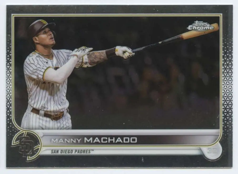 Baseball card of Manny Machado in pinstriped uniform from Topps Chrome 2022