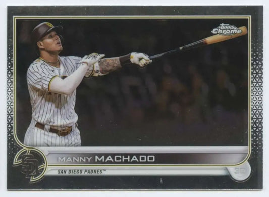 Baseball card of Manny Machado in pinstriped uniform from Topps Chrome 2022