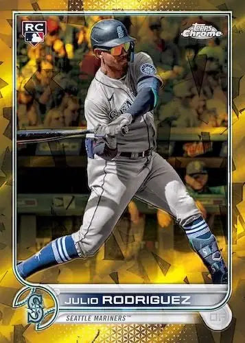 Julio Rodriguez baseball card inside 2022 Topps Chrome Baseball Sapphire Edition Box