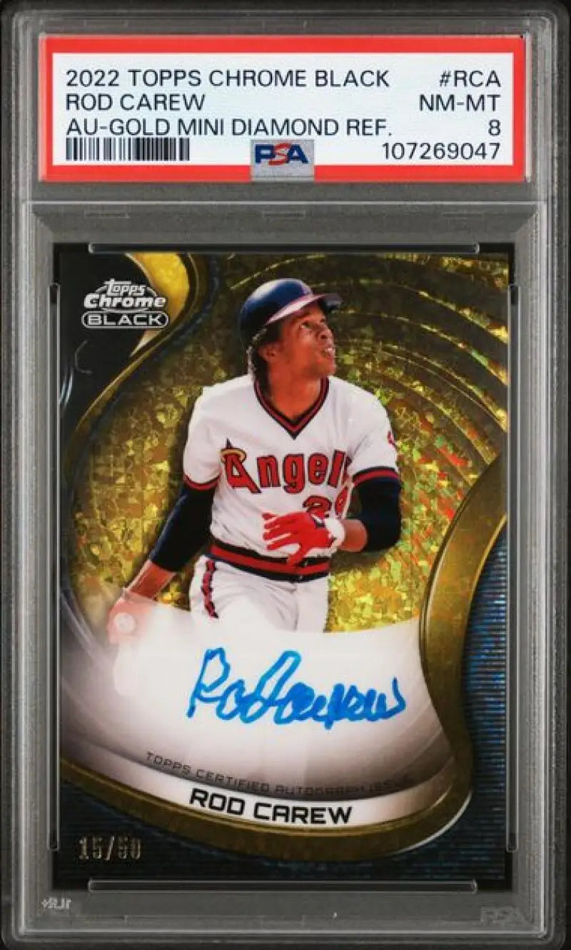 Autographed Rod Carew baseball card from Topps Chrome Black with Gold Refractor Auto