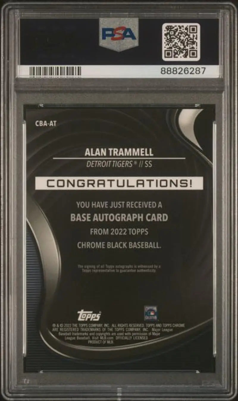 Graded Alan Trammell Detroit Tigers baseball card from 2022 Topps Chrome Black
