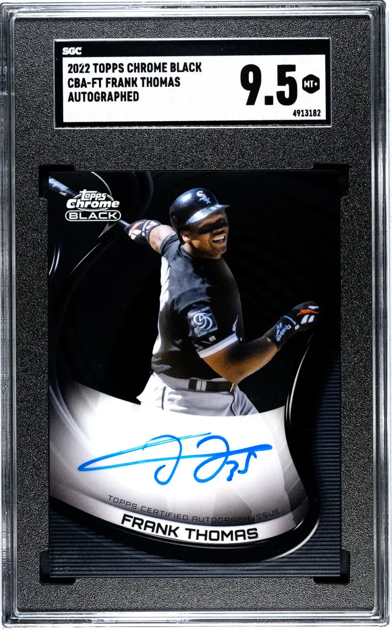 Autographed Frank Thomas Chicago White Sox baseball card from 2022 Topps Chrome Black