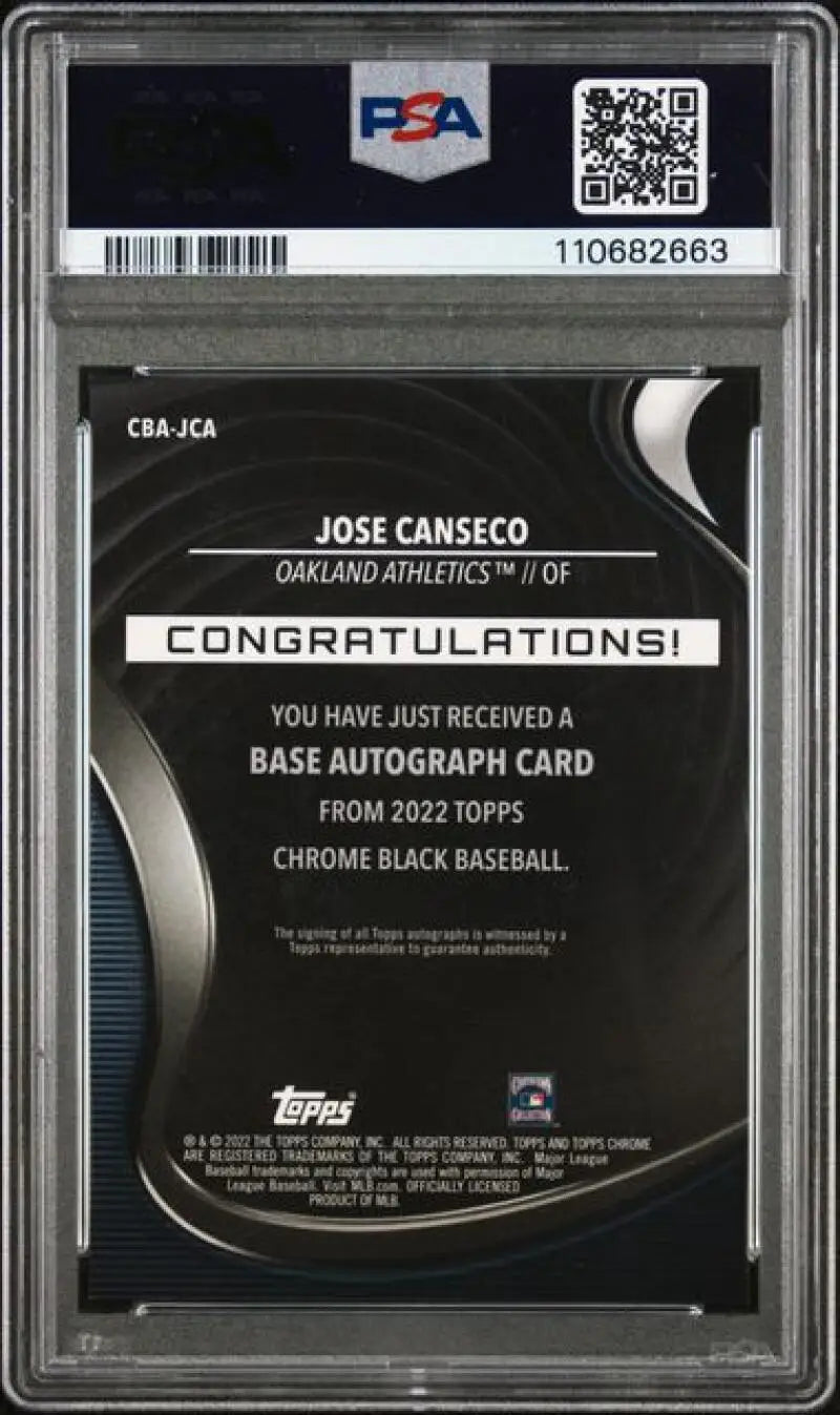 Graded Jose Canseco baseball card from Topps Chrome Black featuring PSA 9 Mint auto